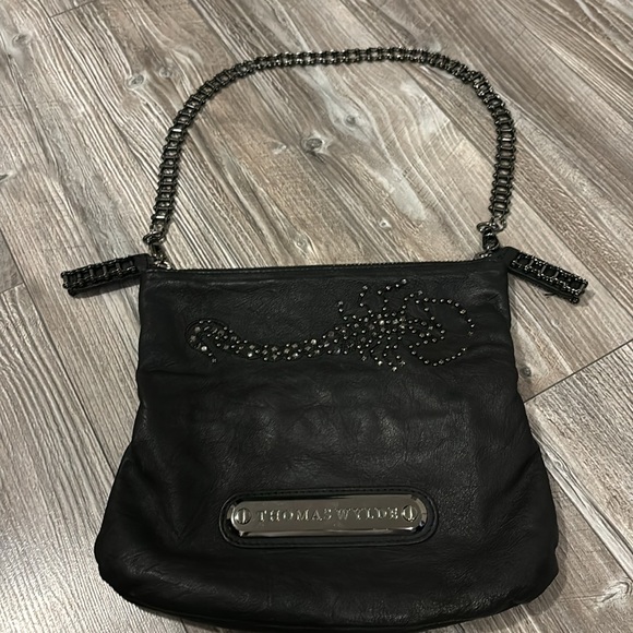 Vintage THOMAS WYLDE Motor Chain SCORPION Black Leather Shoulder Bag Purse - Picture 12 of 13